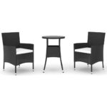 3-Piece Garden Bistro Set with Cushions Black Poly Rattan Wicker Outdoor Patio Furniture