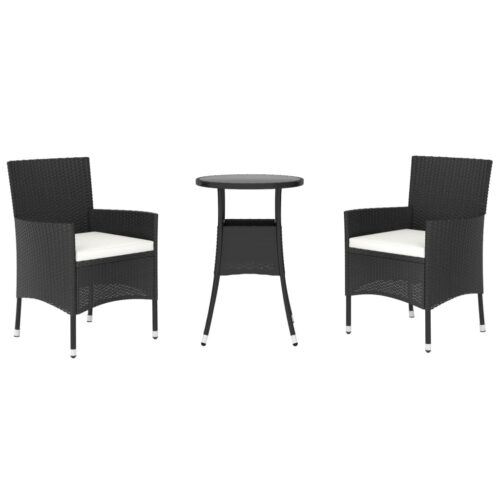 3-Piece Garden Bistro Set with Cushions Black Poly Rattan Wicker Outdoor Patio Furniture - Image 3