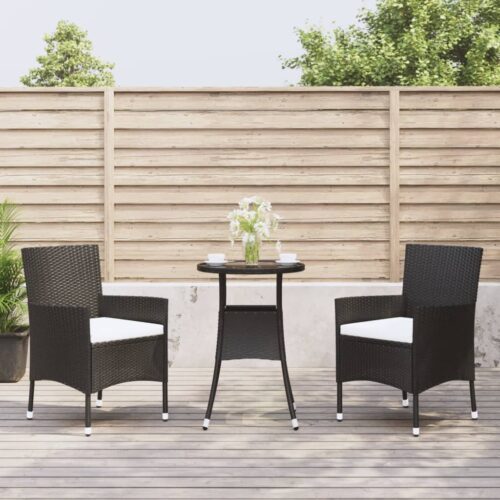 3-Piece Garden Bistro Set with Cushions Black Poly Rattan Wicker Outdoor Patio Furniture - Image 11