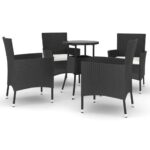 5-Piece Garden Bistro Set with Cushions Black Poly Rattan Wicker Outdoor Patio Furniture