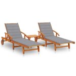Sun Loungers 2pcs with Table Cushions Solid Wood Acacia