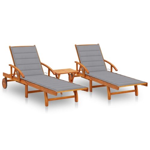 Sun Loungers 2pcs with Table Cushions Solid Wood Acacia