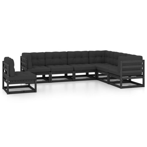 7-Piece Garden Lounge Set with Cushions Black Pine Wood Outdoor Patio Furniture