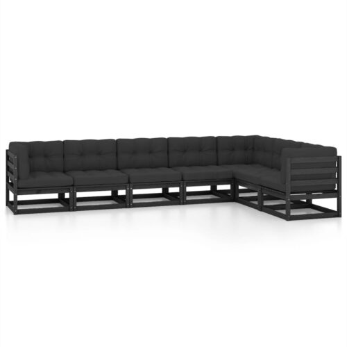 7-Piece Garden Lounge Set with Cushions Black Pine Wood Outdoor Patio Furniture