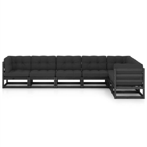 7-Piece Garden Lounge Set with Cushions Black Pine Wood Outdoor Patio Furniture - Image 2