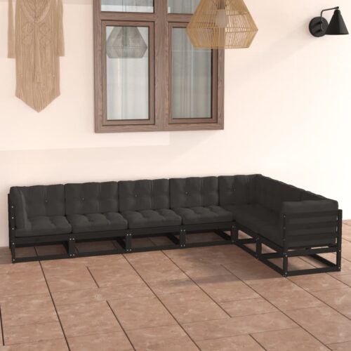 7-Piece Garden Lounge Set with Cushions Black Pine Wood Outdoor Patio Furniture - Image 11