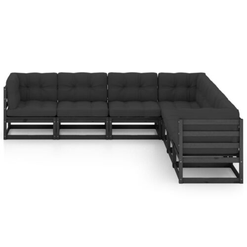 7-Piece Garden Lounge Set with Cushions Black Pine Wood Outdoor Patio Furniture - Image 2