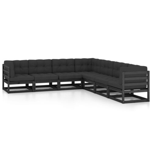 7-Piece Garden Lounge Set with Cushions Black Pine Wood Outdoor Patio Furniture - Image 11