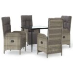 5-Piece Garden Dining Set with Cushions Black Grey Poly Rattan Wicker Outdoor Patio Furniture