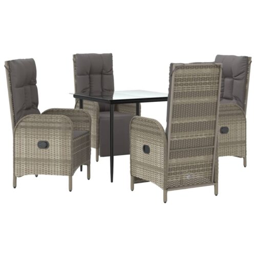 5-Piece Garden Dining Set with Cushions Black Grey Poly Rattan Wicker Outdoor Patio Furniture - Image 3