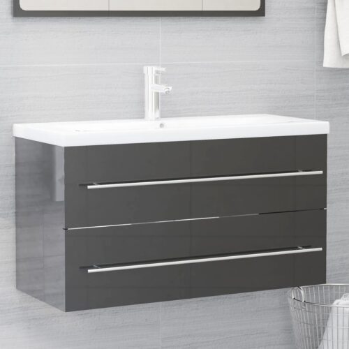 2-Piece Bathroom Furniture Set High Gloss Grey Engineered Wood - Image 6