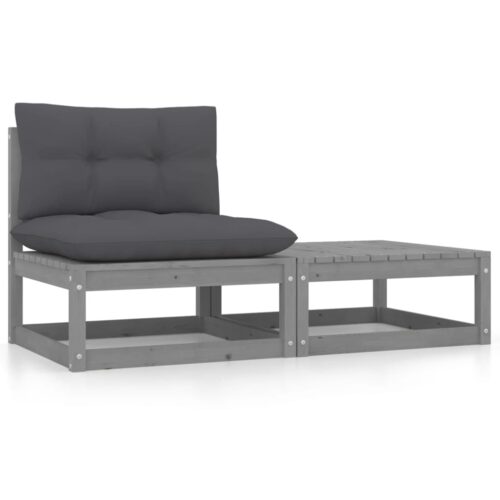 2-Piece Garden Lounge Set with Cushions Grey Solid Pinewood