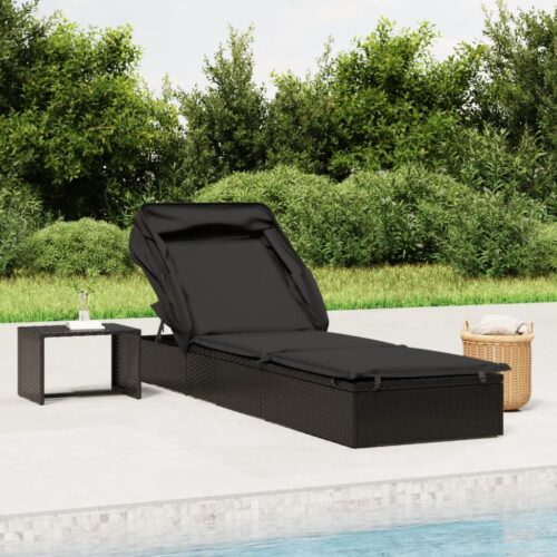Sunbed with Foldable Roof Black 213x63x97cm Poly Rattan