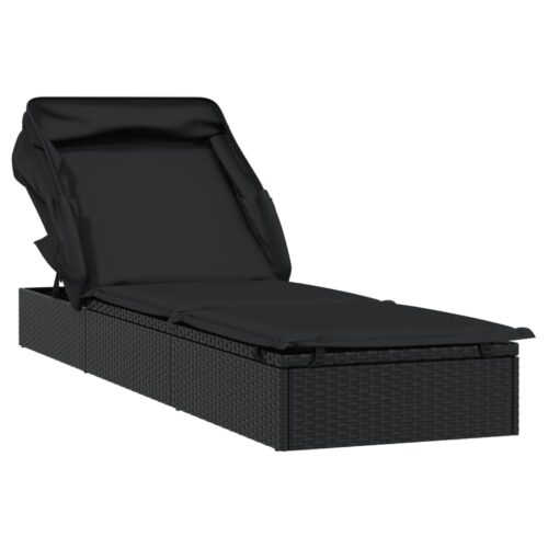 Sunbed with Foldable Roof Black 213x63x97cm Poly Rattan - Image 2