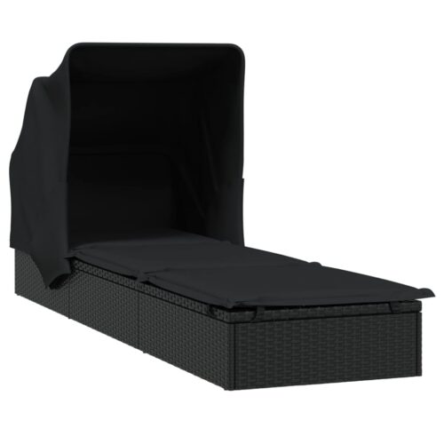 Sunbed with Foldable Roof Black 213x63x97cm Poly Rattan - Image 4