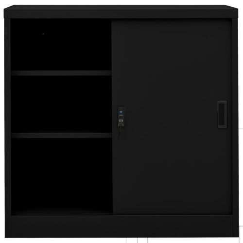 Steel Office Cabinet with Sliding Door File Storage Shelf Rack Cupboard Black - Image 3