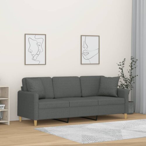 3-Seater Sofa with Cushions Lounge Couch Armchair Futon Fabric Dark Grey 180cm - Image 9