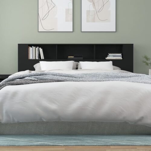 Wooden Headboard Cabinet Bed Storage Shelf Rack Head Bedhead Black King 200cm - Image 5