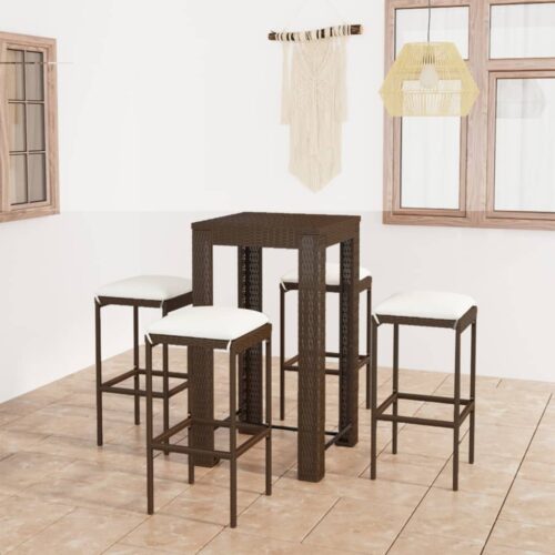 5-Piece Garden Bar Set with Cushions Poly Rattan Wicker Outdoor Patio Furniture Brown - Image 12