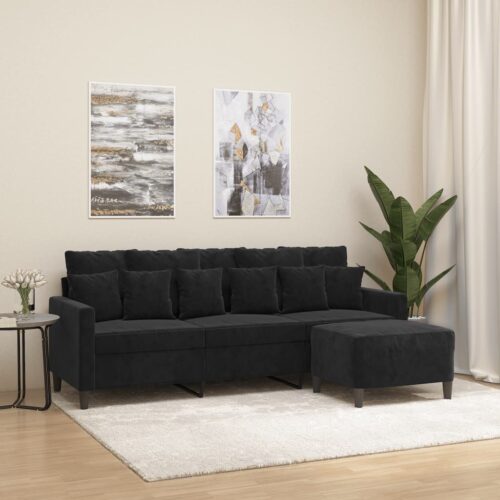 3-Seater Sofa with Footstool Lounge Ottoman Couch Velvet Fabric Black 180cm - Image 8