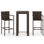 3-Piece Outdoor Bar Set with Armrest Poly Rattan Wicker Outdoor Patio Furniture Brown