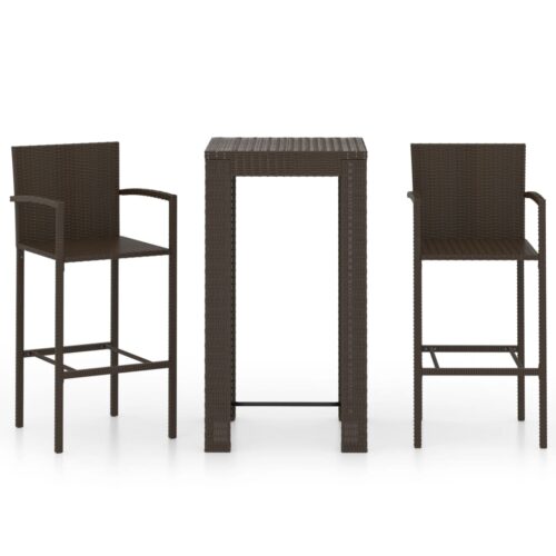 3-Piece Outdoor Bar Set with Armrest Poly Rattan Wicker Outdoor Patio Furniture Brown