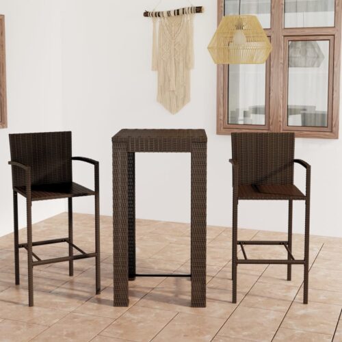 3-Piece Outdoor Bar Set with Armrest Poly Rattan Wicker Outdoor Patio Furniture Brown - Image 12