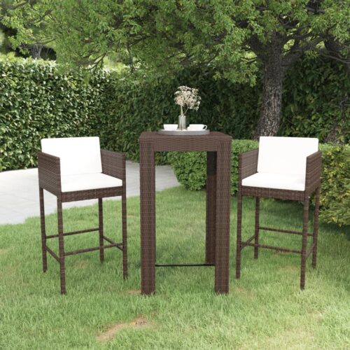 3-Piece Garden Bar Set with Cushions Poly Rattan Wicker Outdoor Patio Furniture Brown - Image 10