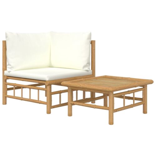 2-Piece Garden Lounge Set with Cream White Cushions Bamboo