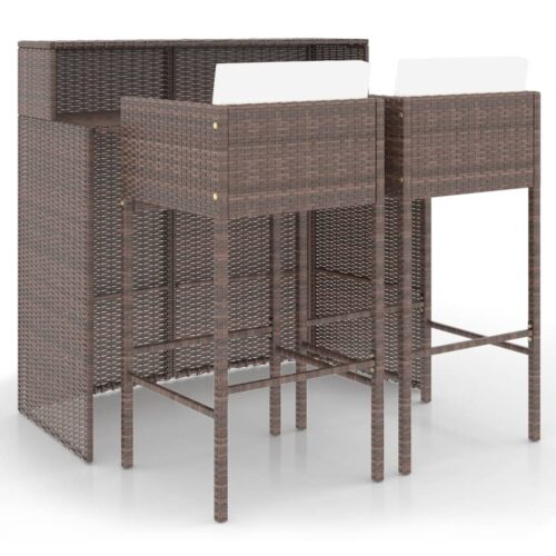 3-Piece Garden Bar Set with Cushions Poly Rattan Wicker Outdoor Patio Furniture Brown
