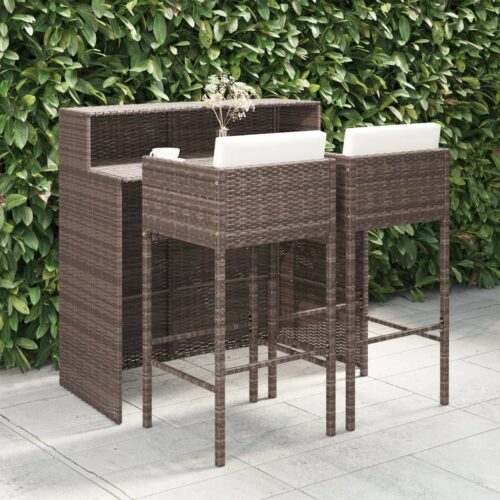 3-Piece Garden Bar Set with Cushions Poly Rattan Wicker Outdoor Patio Furniture Brown - Image 11