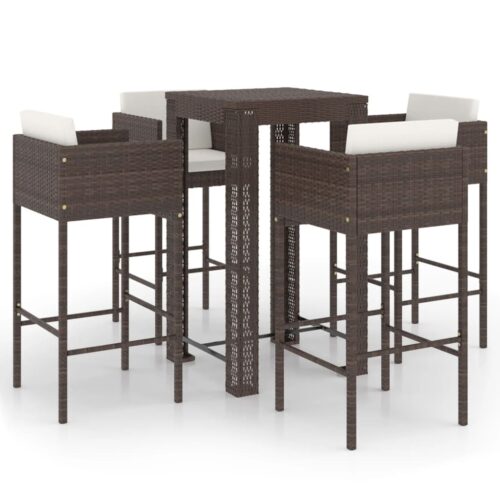 5-Piece Garden Bar Set with Cushions Poly Rattan Wicker Outdoor Patio Furniture Brown
