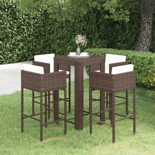 5-Piece Garden Bar Set with Cushions Poly Rattan Wicker Outdoor Patio Furniture Brown - Image 10