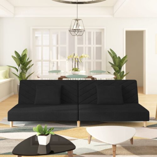 2-Seater Sofa Bed with Two Pillows Black Fabric - Image 12