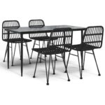 5-Piece Garden Dining Set Black Poly Rattan Wicker Outdoor Patio Furniture