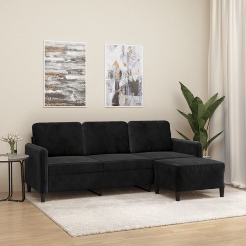 3-Seater Sofa with Footstool Lounge Ottoman Couch Velvet Fabric Black 180cm - Image 8
