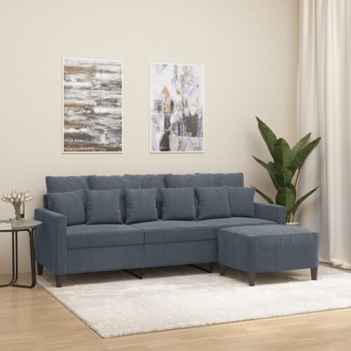 3-Seater Sofa with Foot Stool Lounge Ottoman Couch Velvet Fabric Grey 180cm - Image 8
