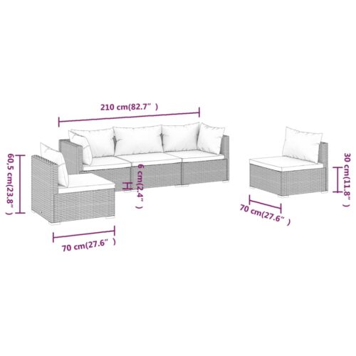 5-Piece Garden Lounge Set with Cushions Poly Rattan Wicker Outdoor Patio Furniture Black - Image 7