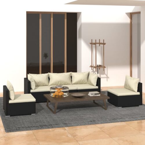 5-Piece Garden Lounge Set with Cushions Poly Rattan Wicker Outdoor Patio Furniture Black - Image 10