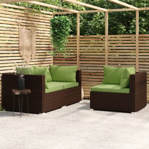 3-Piece Garden Lounge Set with Cushions Brown Poly Rattan - Image 9