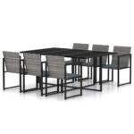 7-Piece Outdoor Dining Set with Cushions Poly Rattan Wicker Outdoor Patio Furniture Grey