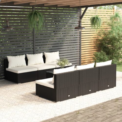 7-Piece Garden Lounge Set with Cushions Poly Rattan Wicker Outdoor Patio Furniture Black - Image 10