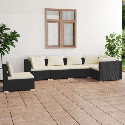 6-Piece Garden Lounge Set with Cushions Poly Rattan Wicker Outdoor Patio Furniture Black - Image 10
