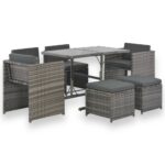 7-Piece Outdoor Dining Set with Cushions Poly Rattan Wicker Outdoor Patio Furniture Grey