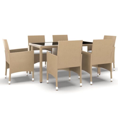 7-Piece Garden Dining Set Poly Rattan Wicker Outdoor Patio Furniture Tempered Glass Beige