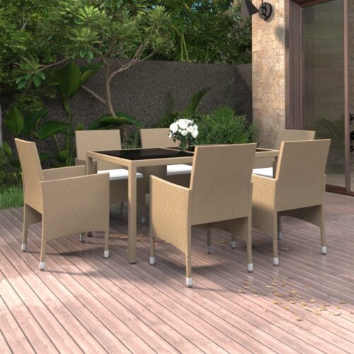 7-Piece Garden Dining Set Poly Rattan Wicker Outdoor Patio Furniture Tempered Glass Beige - Image 9