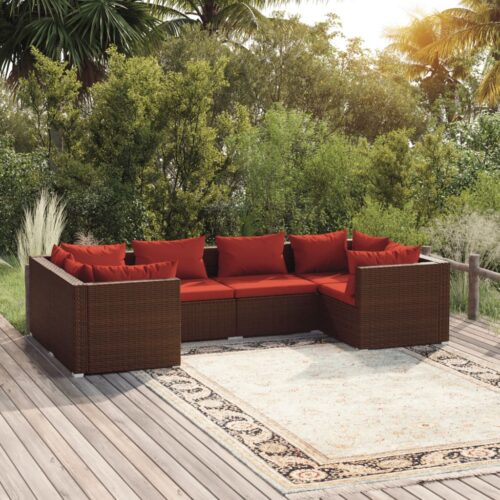 6-Piece Garden Lounge Set with Cushions Poly Rattan Wicker Outdoor Patio Furniture Brown - Image 10