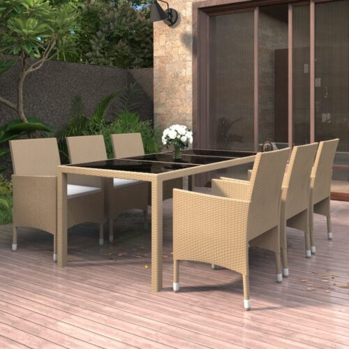 7-Piece Garden Dining Set Poly Rattan Wicker Outdoor Patio Furniture Tempered Glass Beige - Image 9