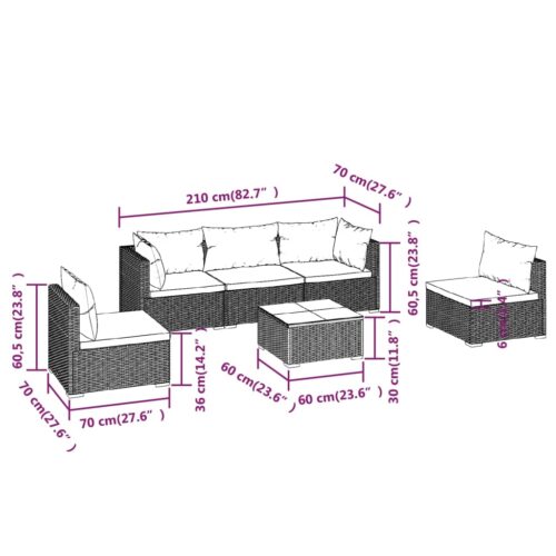 6-Piece Garden Lounge Set with Cushions Poly Rattan Wicker Outdoor Patio Furniture Black - Image 9