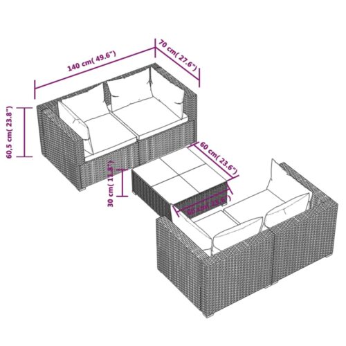 5-Piece Garden Lounge Set with Cushions Poly Rattan Wicker Outdoor Patio Furniture Black - Image 7